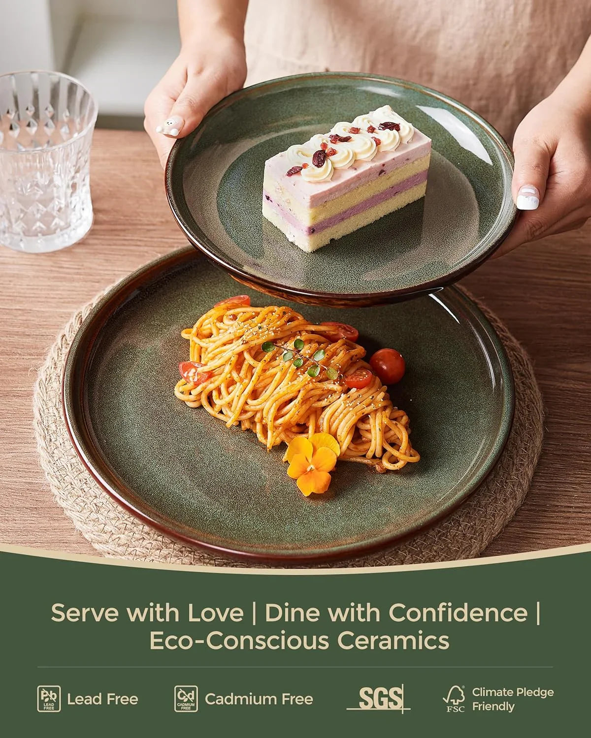 Stoneware Dinnerware Sets Service for 4, 12 Pcs Reactive Glaze Plates and Bowls Sets, Handmade Ceramic Dish Set, Highly Chip and Crack Resistant Modern Plate Set, Brown Green