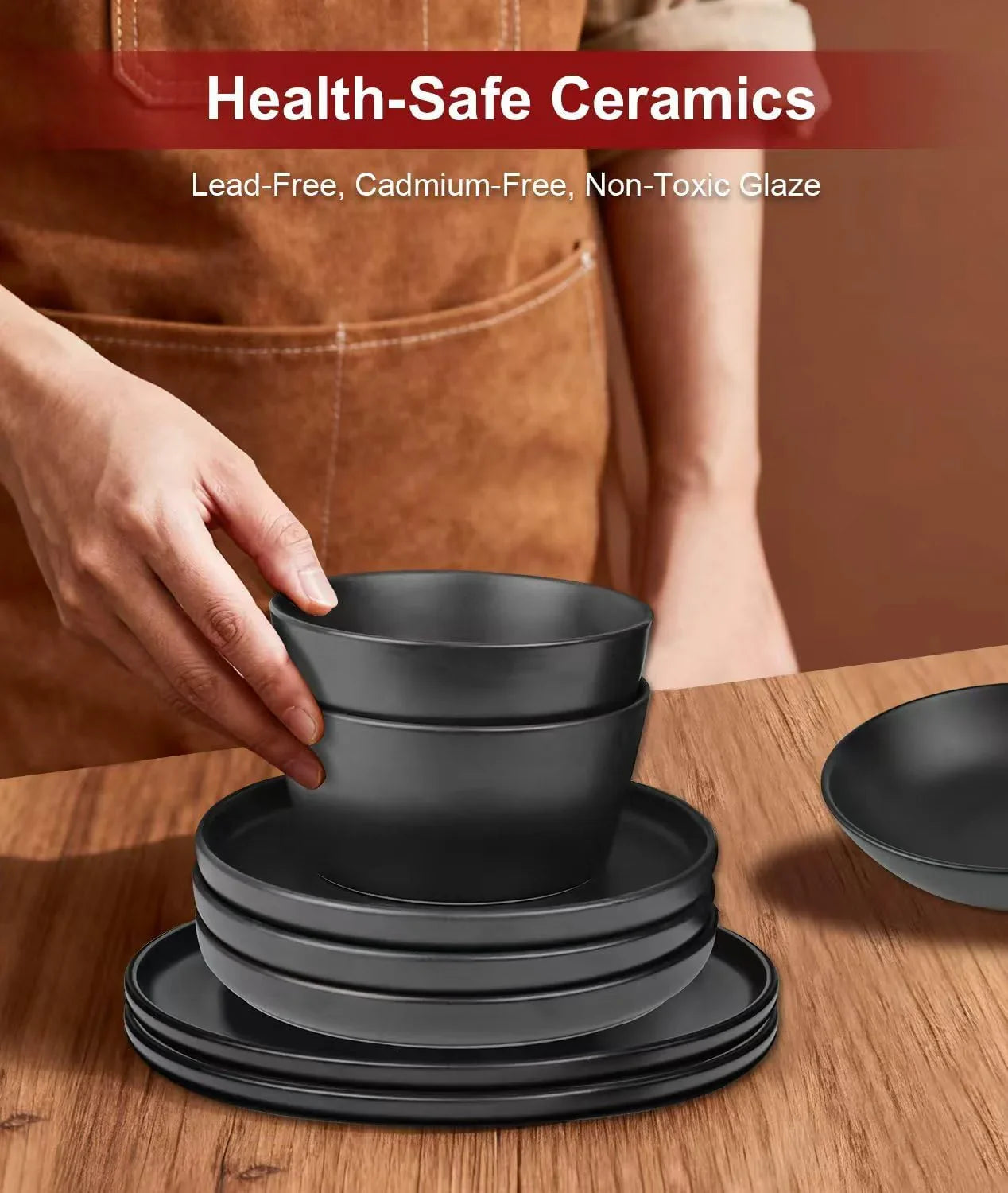 16 Pieces Ceramic Dinnerware Set,Plates and Bowls Sets for 4,Black Dinnerware Set for Kitchen, Modern Design Plate Sets with Black Rim, Microwave and Dishwasher Safe