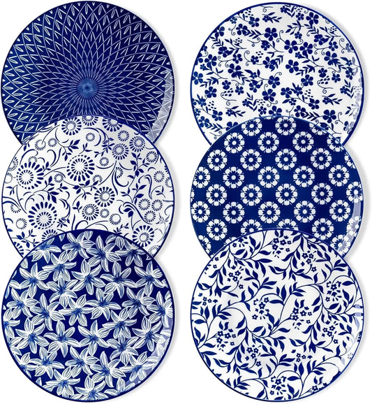 Ceramic Salad Plates Set of 6, Small Vintage 8.25 Inch Plate Set of 6 for Kitchen, Porcelain Blue and White Dessert Plates for Kitchen, Microwave Oven Dishwasher Safe, Vintage Gift