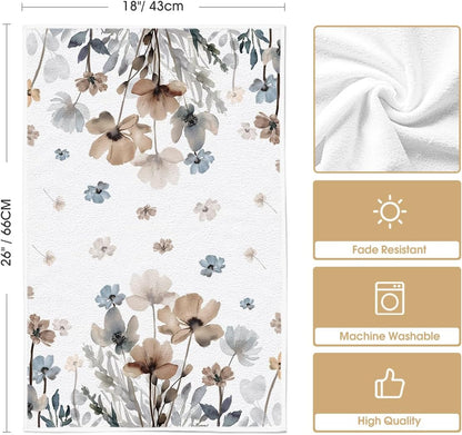 Brown Poppy Floral Leaves Spring Kitchen Towels Dish Towels, 18X26 Inch Seasonal Summer Decoration Hand Towels Set of 2