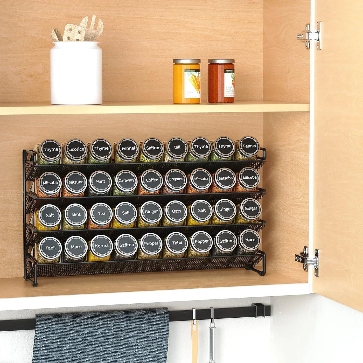 Spice Rack Organizer with 36 Spice Jars, 386 Spice Labels, Chalk Marker and Funnel Set for Cabinet, Countertop, Pantry, Cupboard or Door & Wall Mount - 36 Jars, 17.2" W × 10.8" H, Black