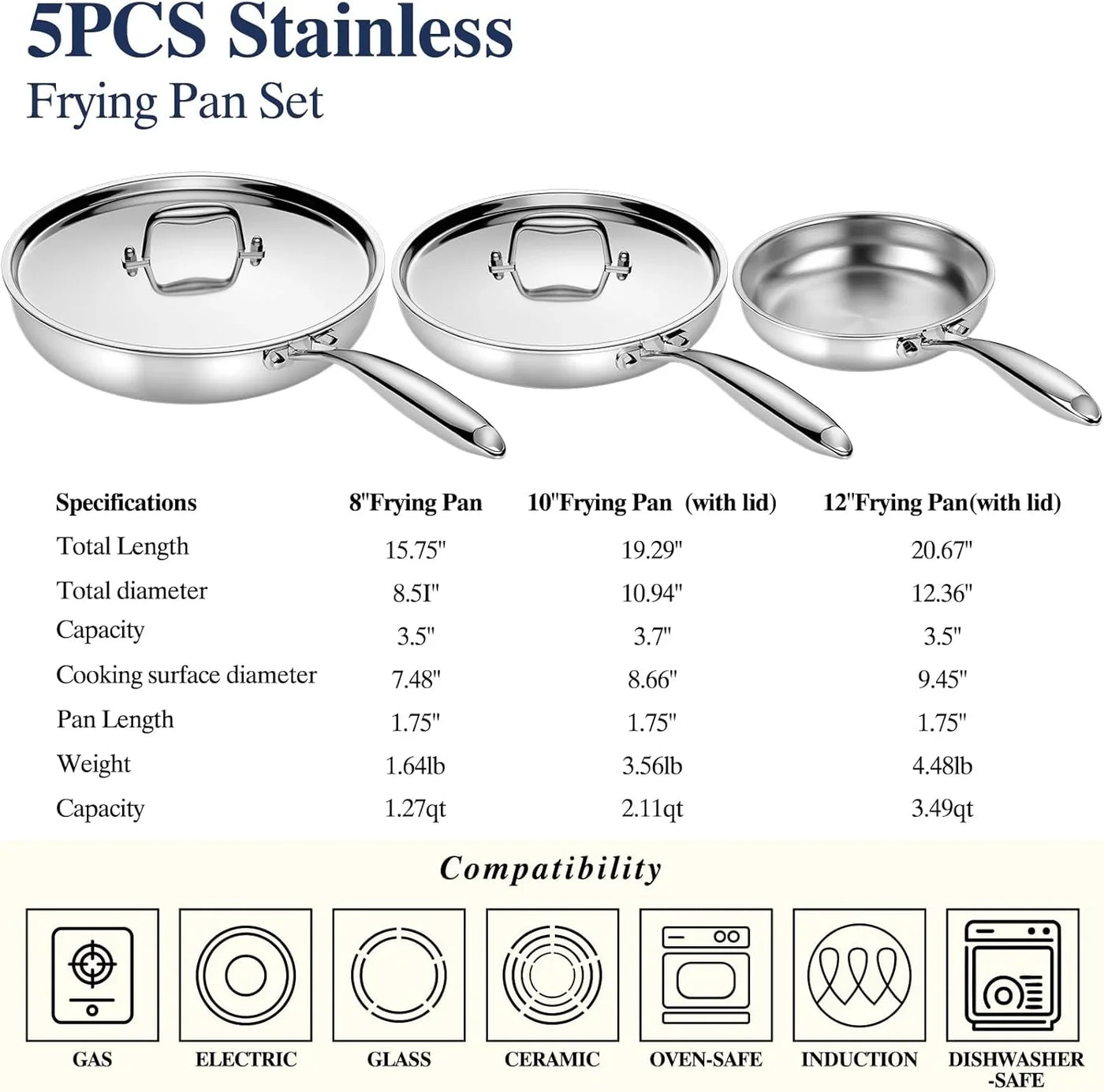 Stainless Steel Frying Pan Set with Lid, 3Pcs Skillet Set (Includes 8",10",12") - 5 Ply Stainless Clad - Heavy Duty & Professional Cookware Set, Fast & Even Heat, Dishwasher and Oven Safe