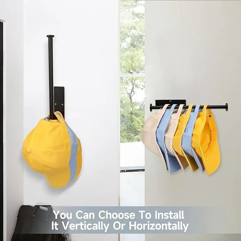 Black wall-mounted hat rack holding colorful caps, install vertically or horizontally for organized storage