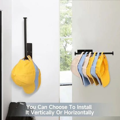Black wall-mounted hat rack holding colorful caps, install vertically or horizontally for organized storage