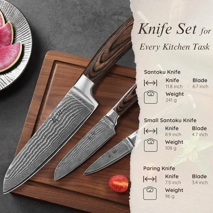 EDIB 3-Piece Damascus Kitchen Knife Set in Wooden Gift Box, Razor Sharp Genuine Damascus Steel (VG10 Core), Includes Santoku, Small Santoku and Paring Knife, Ergonomic Pakkawood Handle