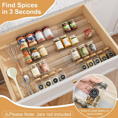 8-Pack Spice Drawer Organizer, Expandable Acrylic Seasoning Rack (13" to 26") with Anti-Slip Mat, Kitchen Spice Rack Drawer Holds up to 56 Jars (Jars Not Included)