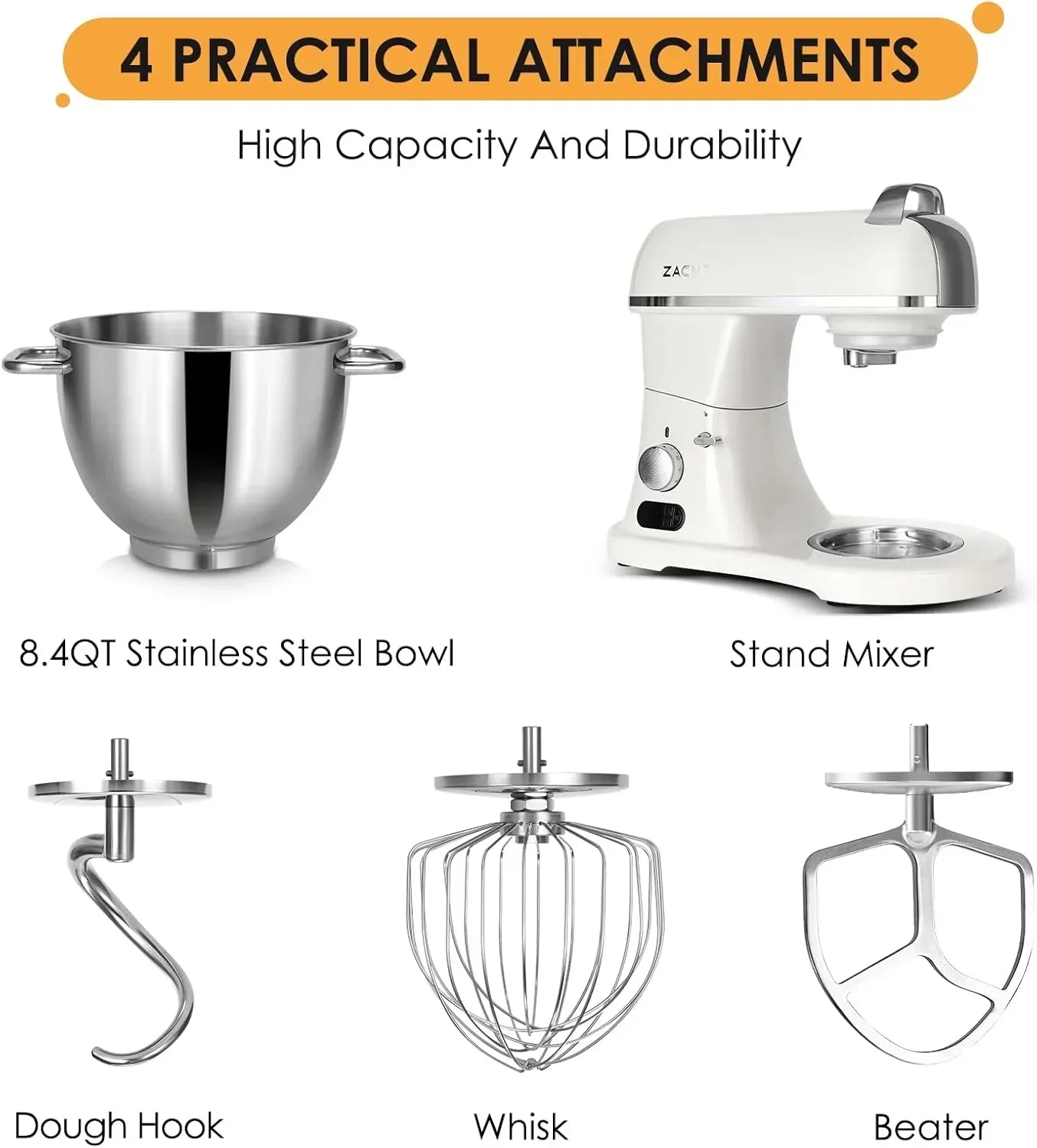 White stand mixer with 8.4QT stainless steel bowl and 4 attachments: dough hook, whisk, beater for baking and mixing