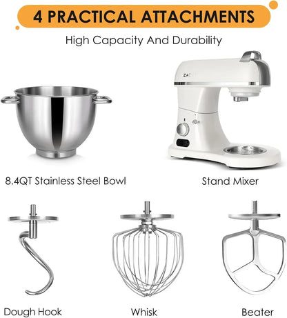 White stand mixer with 8.4QT stainless steel bowl and 4 attachments: dough hook, whisk, beater for baking and mixing