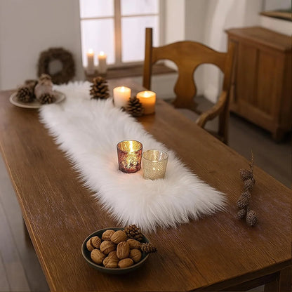 Table Runner, Thanksgiving Modern Small White Fur Table Runners for Party Birthday Christmas Friendsgiving Wedding Dinning Table, Decorative Rug Luxury Faux Fur Runner for Table(11.8X47.2Inch)