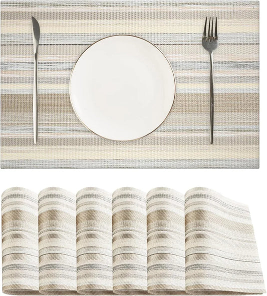 Textile Placemats Set of 6 - Heat Resistant Non-Slip Wipeable Place Mats for Party/Indoor/Outdoor Kitchen Dining Table, Washable Durable Woven Table Mats（Beige, 6）