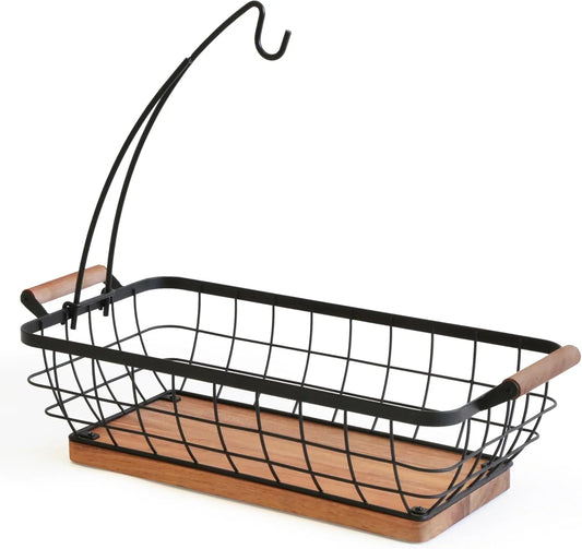 Rectangular Fruit Basket with Banana Hanger,Metal Wire Fruits Bowl with Wooden Base,Kitchen Table Organizer,Black Fruit Bowl for Kitchen Counter,Vegetable Bowls for Fruits, Veggies, Snacks.