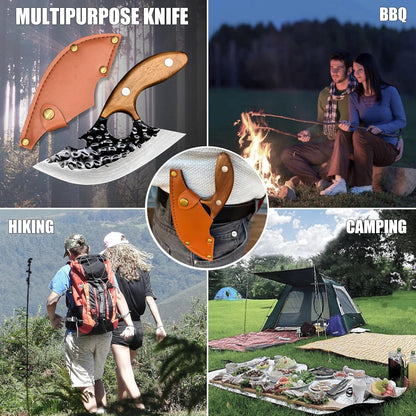Chef Kitchen Knife,Hand Forged High Carbon Steel Cooking Cutting Knife, Non Stick Blade with Wooden Handle & Sheath,Japanese Style for Home Camping BBQ (Ideal Gift for Men Women)
