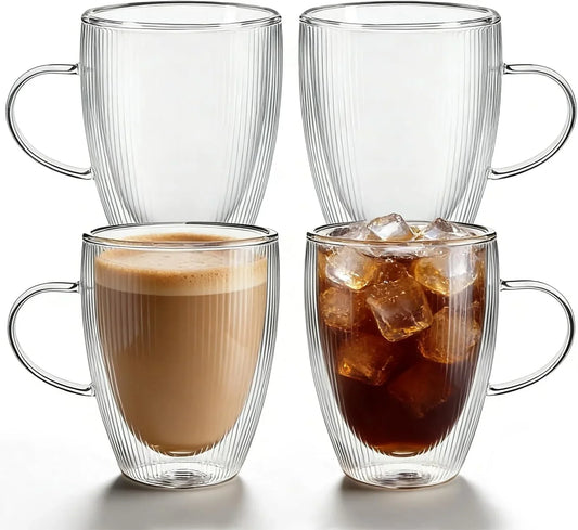4 Pack Double Wall Glass Coffee Mugs, 12Oz Glass Coffee Cup with Handle, Double Insulated Coffee Mugs Perfect for Espresso, Cappuccino, Latte, American, Tea Bag, Hot Beverages