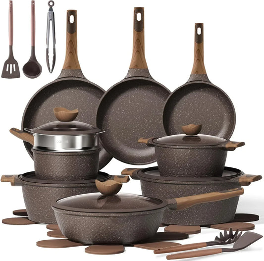 Nonstick cookware set with speckled brown pots, frying pans, glass lids, and kitchen utensils