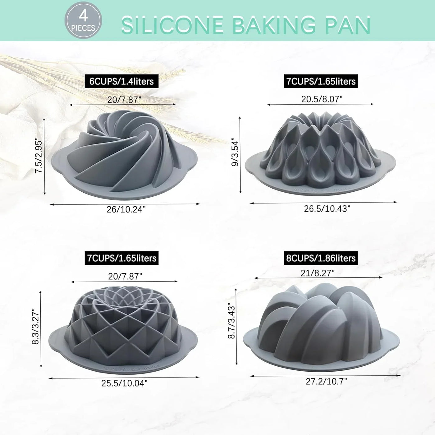 4 Pieces Silicone Fluted Cake Pans, 6/7/8 Cups Tube Baking Pan, Non-Stick Kitchen Oven Baking Pans, Silicone Molds for Homemade Cake, Bread and Jello, Grey