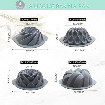4 Pieces Silicone Fluted Cake Pans, 6/7/8 Cups Tube Baking Pan, Non-Stick Kitchen Oven Baking Pans, Silicone Molds for Homemade Cake, Bread and Jello, Grey