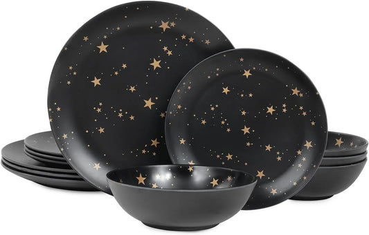 Black Melamine Dinnerware Sets - 12Pcs Plates and Bowls Sets, Unbreakable Camping Dishes Set for 4, Indoor and Outdoor Use Non-Breakable Dinner Set - Star
