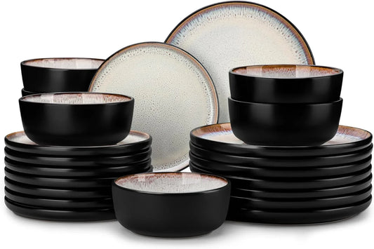 Plates and Bowls Sets, 24 Pieces Stoneware Dinnerware Sets for 8, Kitchen Dish Set Mircowave and Dishwasher Safe Ceramic Dishware, Light Cream, Series AMBER