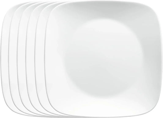 Vitrelle 6-Piece Salad Plates Set, Triple Layer Glass and Chip Resistant, Lightweight Square 9-Inch Plates, White