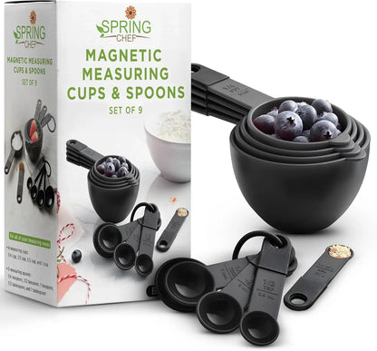 Magnetic Measuring Cups and Spoons Set of 9, Nesting Kitchen Tool with Easy to Read Markings for Measuring Dry or Liquid Ingredient, BPA Free, Black