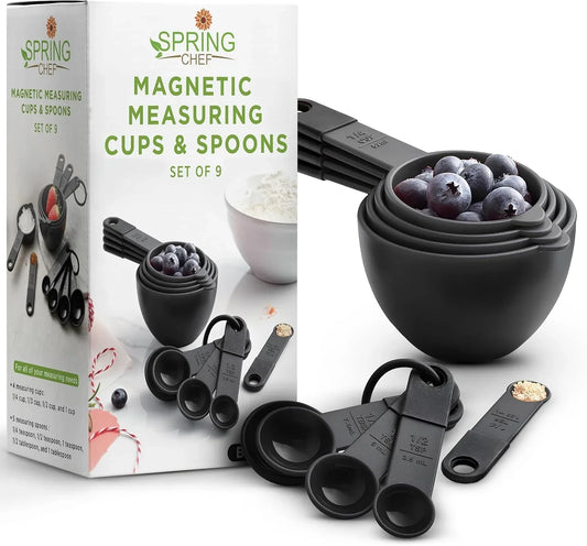 Magnetic Measuring Cups and Spoons Set of 9, Nesting Kitchen Tool with Easy to Read Markings for Measuring Dry or Liquid Ingredient, BPA Free, Black
