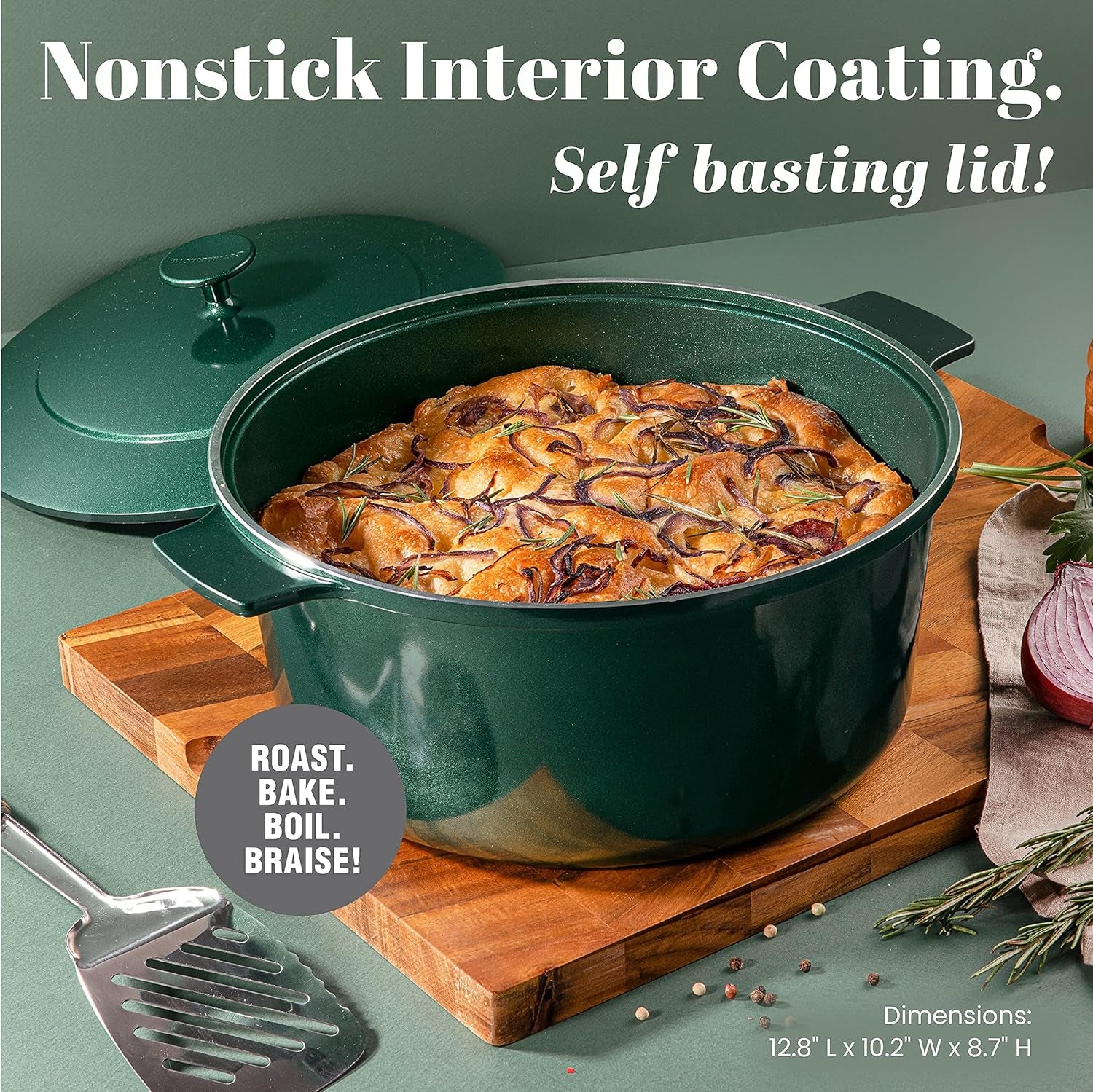 Dutch Oven, 6.5 Quart Ultra Nonstick Enameled Lightweight Aluminum Dutch Oven Pot with Lid, round 6.5 Qt. Stock Pot, Dishwasher & Oven Safe Induction Capable 100% PFOA Free, Emerald Green