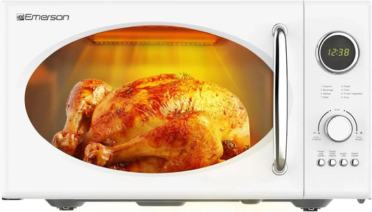 MWRG0901W 0.9 Cu. Ft. Retro Microwave with 1,000W Grill Function, 800W Cooking Power, LED Display, 5 Power Levels, 8 Auto Menus, Glass Turntable, Child Lock, White Countertop Design