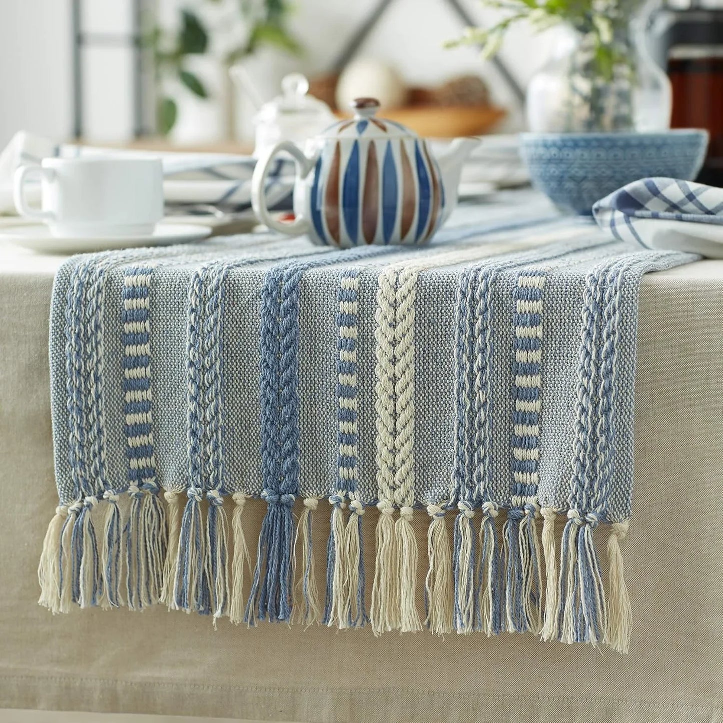 Farmhouse Braided Stripe Table Runner Collection, 15X72 (15X77, Fringe Included), Stonewash Blue