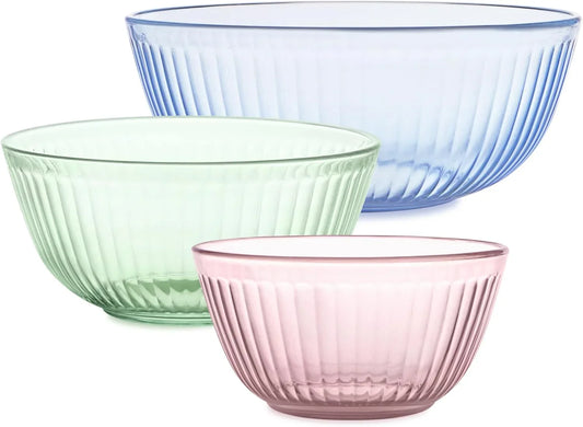 Colors Tinted (3-Pack) Sculpted Tinted Unlidded Small/Medium/Large Glass Mixing Bowls, Nesting Space Saving Set of Bowls for Prepping and Baking, 1.3QT, 2.3QT & 4.5QT