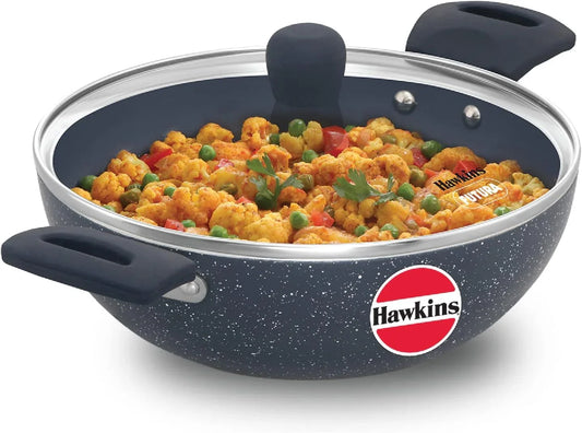 Ceramic Nonstick 2.5 Litre Deep Kadhai, Induction Deep Fry Pan with Glass Lid, Granite Kadai (ICK25G)