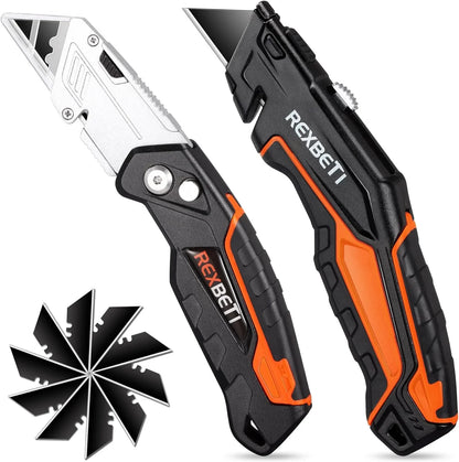 2-Pack Utility Knife, SK5 Heavy Duty Retractable Box Cutter for Cartons, Cardboard and Boxes, Blade Storage Design, Extra 10 Blades Included（Total 18 Blades）