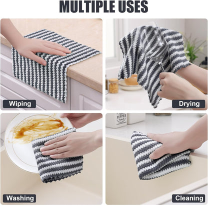 12 Pack Kitchen Dish Cloths, Ultra Soft and Absorbent Dish Towels, Reusable Fast Drying Microfiber Cleaning Cloth, Coral Velvet Wave Design No-Lint, 10 X 10 Inches, Dark Grey
