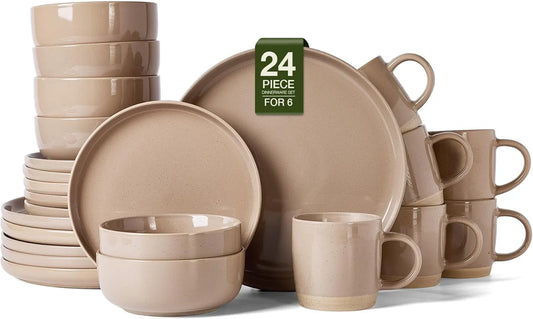 Milkyway Stoneware Dinnerware Sets with Mugs, Service for 6 (24 Pieces), Plates and Bowls Sets -Scratch Resistant, Microwave and Dishwasher Safe Dishes Set, Cinnamon Brown