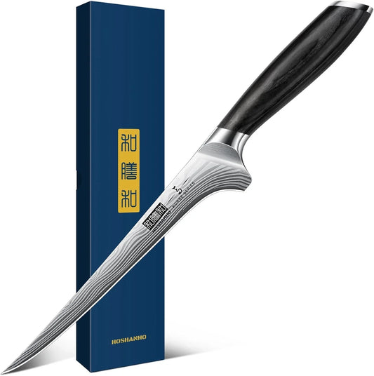 Fillet Knife 7 Inch, Razor Sharp Boning Knife for Meat Poultry Chicken Cutting, Japanese High Carbon Powder Steel Fish Knives with Flexible Blade and Pakkawood Handle