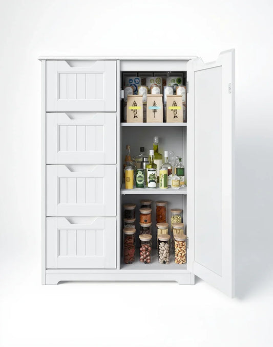 Small Pantry with Door and Shelves, 33'' Kitchen Pantry Storage Cabinet Freestanding Wooden Bathroom Storage Cabinet with 4 Drawers for Kitchen and Dining Room, White