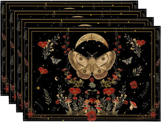 Black Poppy Moth Moon Placemats Set of 4, 12X18 Inch Floral Spring Table Mats for Outdoor Home Party Kitchen Dining Decor
