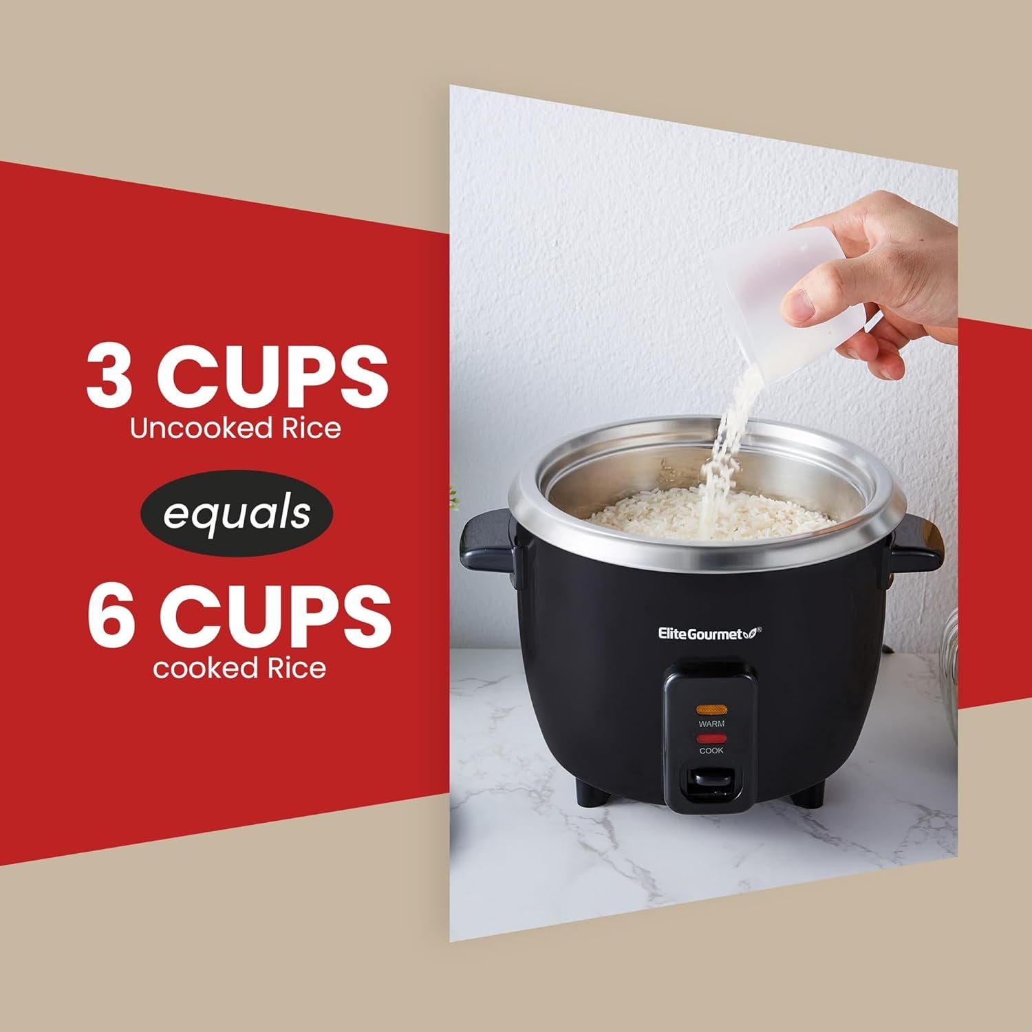 ERC003BX Electric Rice Cooker with Automatic Keep Warm Makes Soups, Stews, Grains, Hot Cereals, 6 Cups Cooked (3 Cups Uncooked), Black