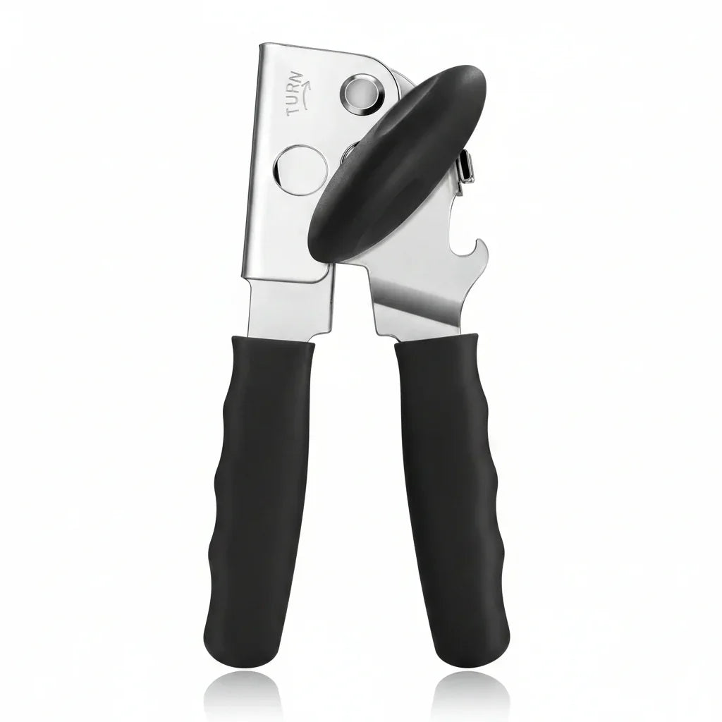 Stainless steel can opener with black ergonomic handles for easy kitchen use