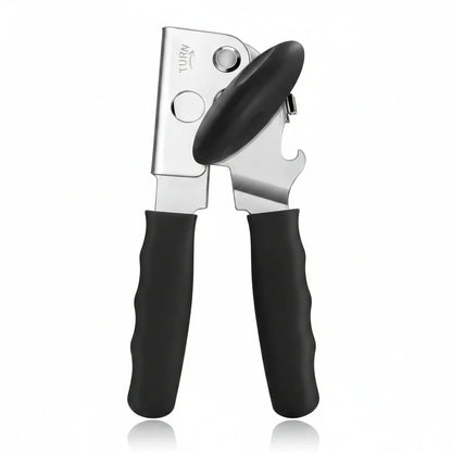 Stainless steel can opener with black ergonomic handles for easy kitchen use