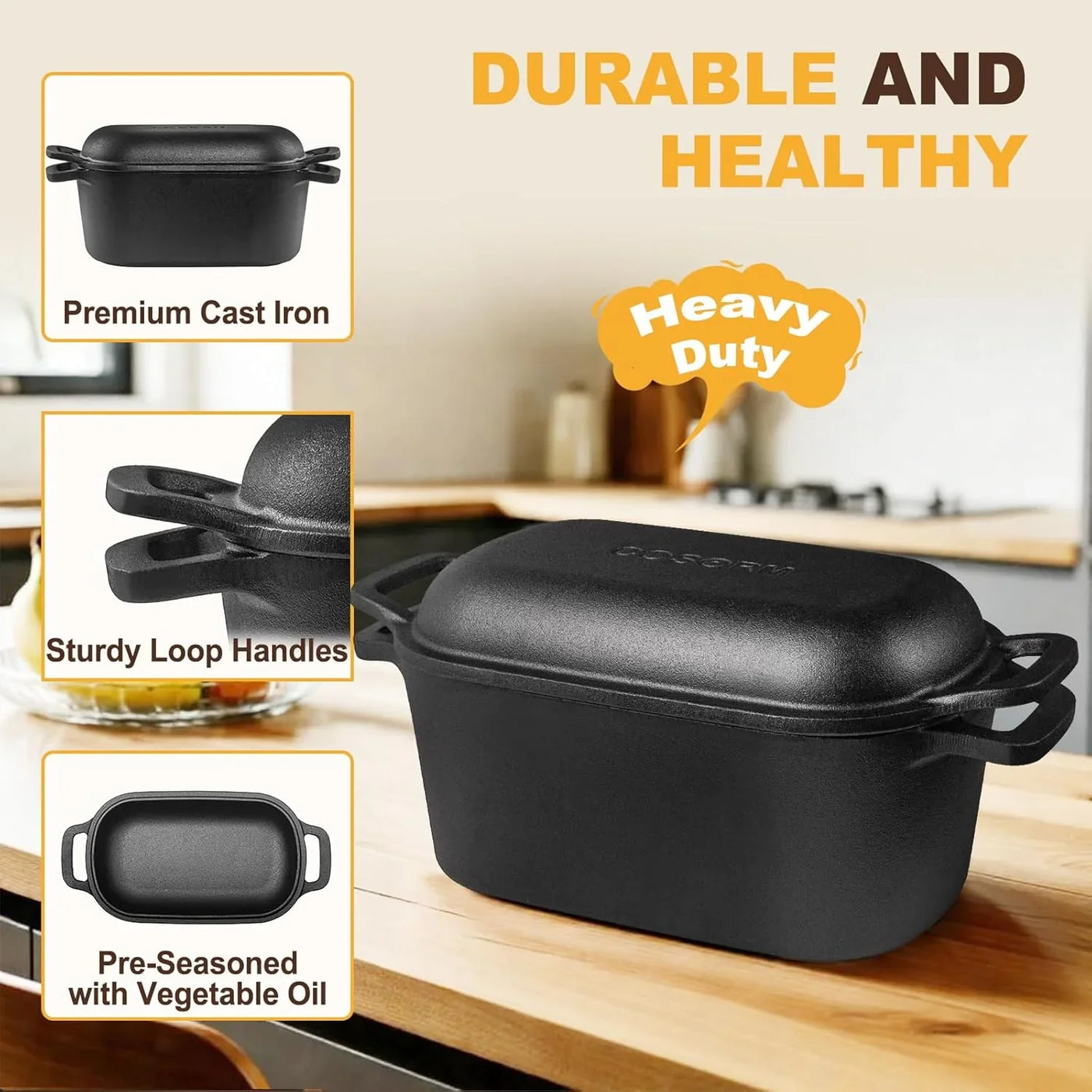 7QT Oval Dutch Oven for Sourdough Bread Baking, Pre-Seasoned Cast Iron Bread Pan with Lid, Even Heat Distribution for Homemade Bread