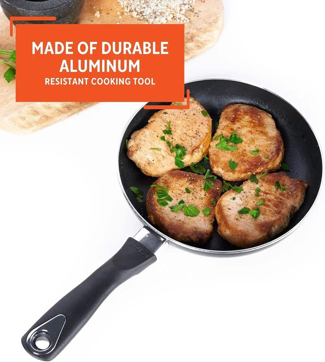 8In Bistro Aluminum Nonstick Fry Pan with Cool Touch Handle, Small Skillet for Eggs, Omelets, Sauteing, and Everyday Cooking, Black