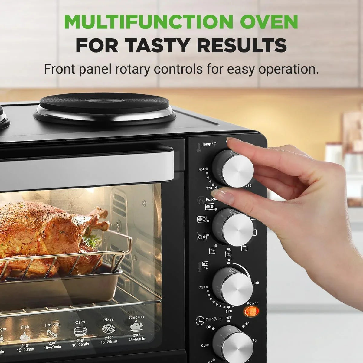 2-In-1 Convection Oven & Cooker - 30 Quart, 1500W Multi-Function Kitchen Oven with Dual Hot Plates, 7 Cooking Modes Including Rotisserie, Broil, Bake - 19.6 X 16.0 X 13.5 Inches