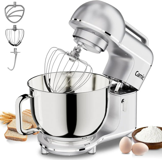 Electric Stand Mixer,7.45 QT,10 Speeds with Dough Hook,Whisk, Flat Beater Attachments, Splash Guard, Easy-Carry Top Handle,3-In-1 Kitchen Mixer for Baking Cakes Cookie Bread Salad(Silver)