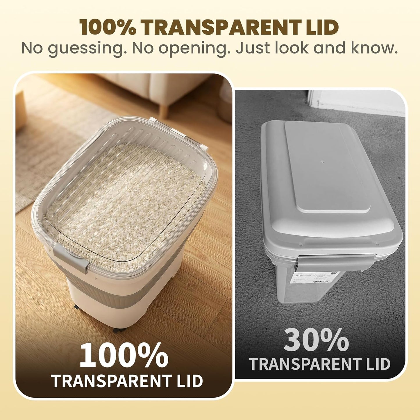 25-50Lbs Rice Container,Collapsible Food Storage Containers with Airtight Clear Lid,Wheels,Rice Storage Container with Small Bin and Scoop,Rice Dispenser for Flour Sugar Cereal Grain Dog Cat