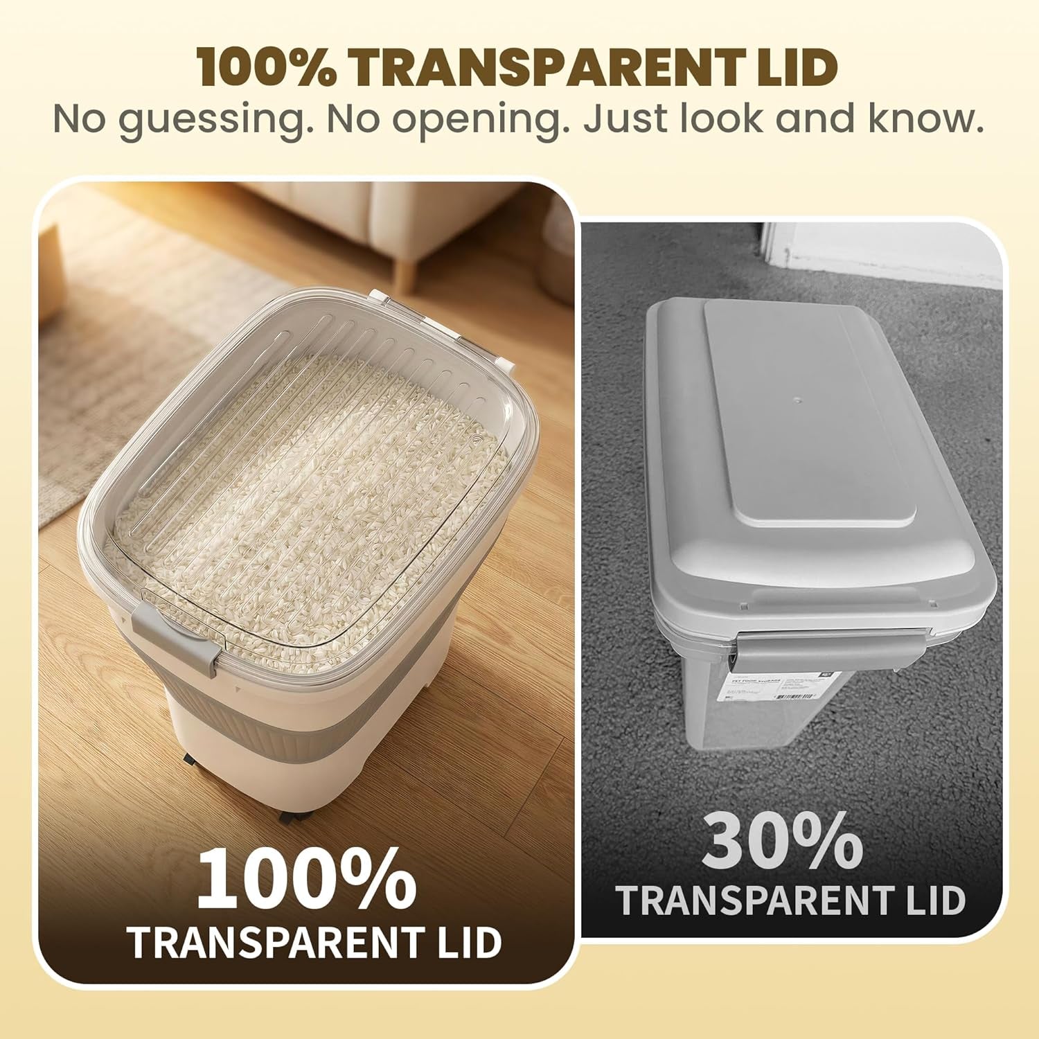 25-50Lbs Rice Container,Collapsible Food Storage Containers with Airtight Clear Lid,Wheels,Rice Storage Container with Small Bin and Scoop,Rice Dispenser for Flour Sugar Cereal Grain Dog Cat