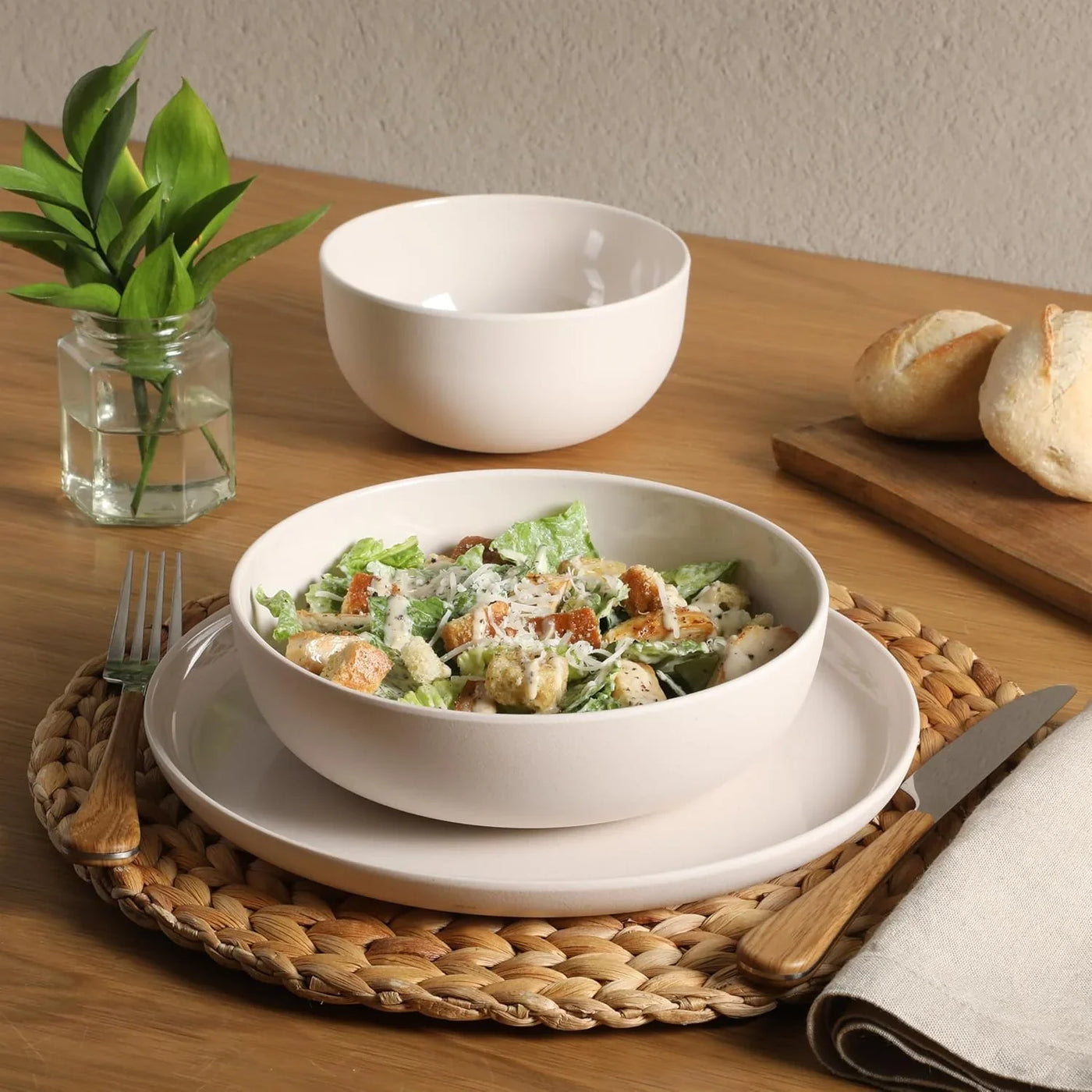 Candy Skies 12 Piece Unbreakable Wheat Straw Melamine Plates and Bowls Dinnerware Set - Outdoor, Camping, & Everyday Use - Matte Exterior/Shiny Interior Taupe Cream