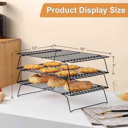 Cooling Rack for Baking 3 Tiers, 16" X 10" Cookie Cooling Wire Rack Stackable Collapsible Nonstick, Stainless Steel Baking Cooking Cooling Racks with Optimum Air Flow, Black