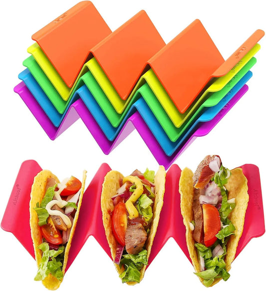 Colorful Taco Holder Stands Set of 6 - Premium Large Tray Plates Holds up to 3 or 2 Tacos Each, PP Health Material Very Hard and Sturdy, Dishwasher & Microwave Safe