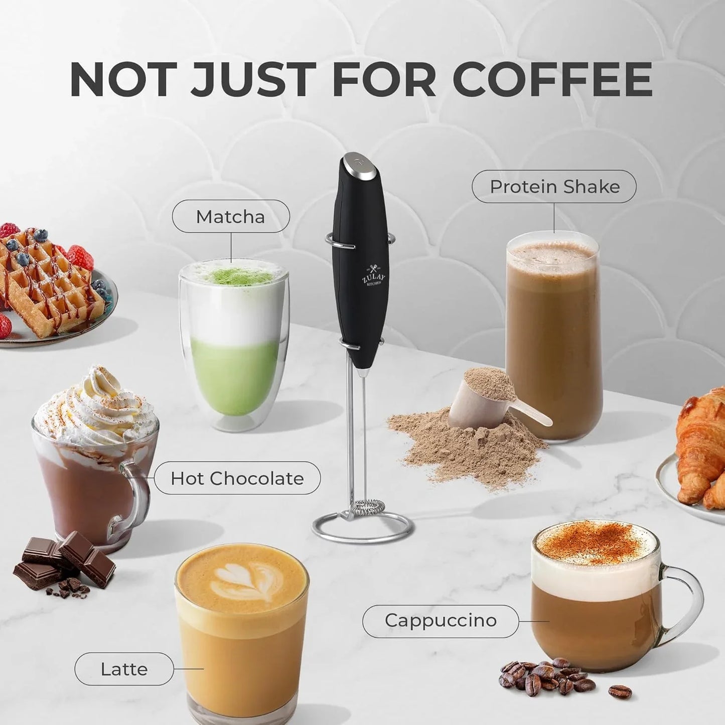 Powerful Milk Frother Wand with 2 Duracell Batteries - Ultra Fast Handheld Drink Mixer - Electric Whisk Foam Maker for Coffee, Lattes, Cappuccino, Matcha, Hot Chocolate & Creamer - Black