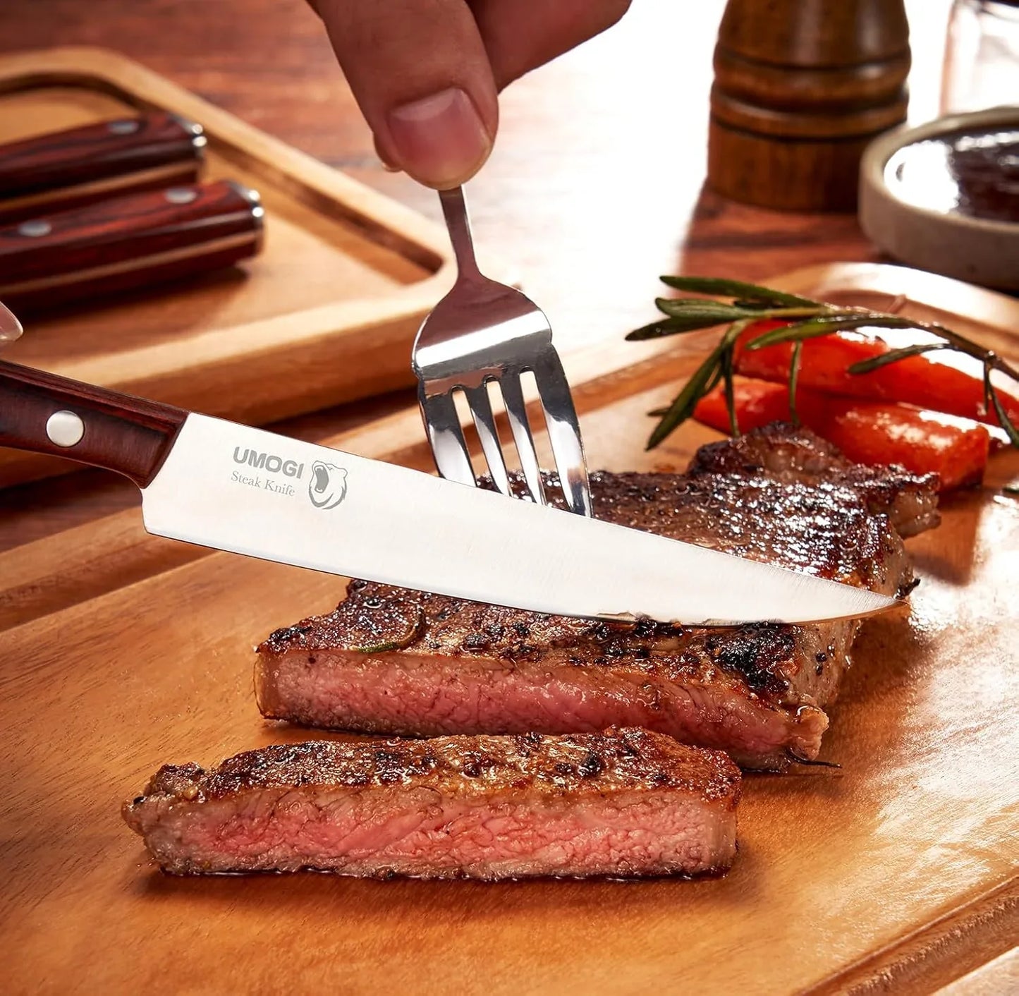 Premium Steak Knives Set of 6 in Gift Box - Polished Wood Handle, HC German Stainless Steel, Straight Edge Non Serrated - 4.8''Dinner Knife, Kitchen Tableware Knives Cutlery Set